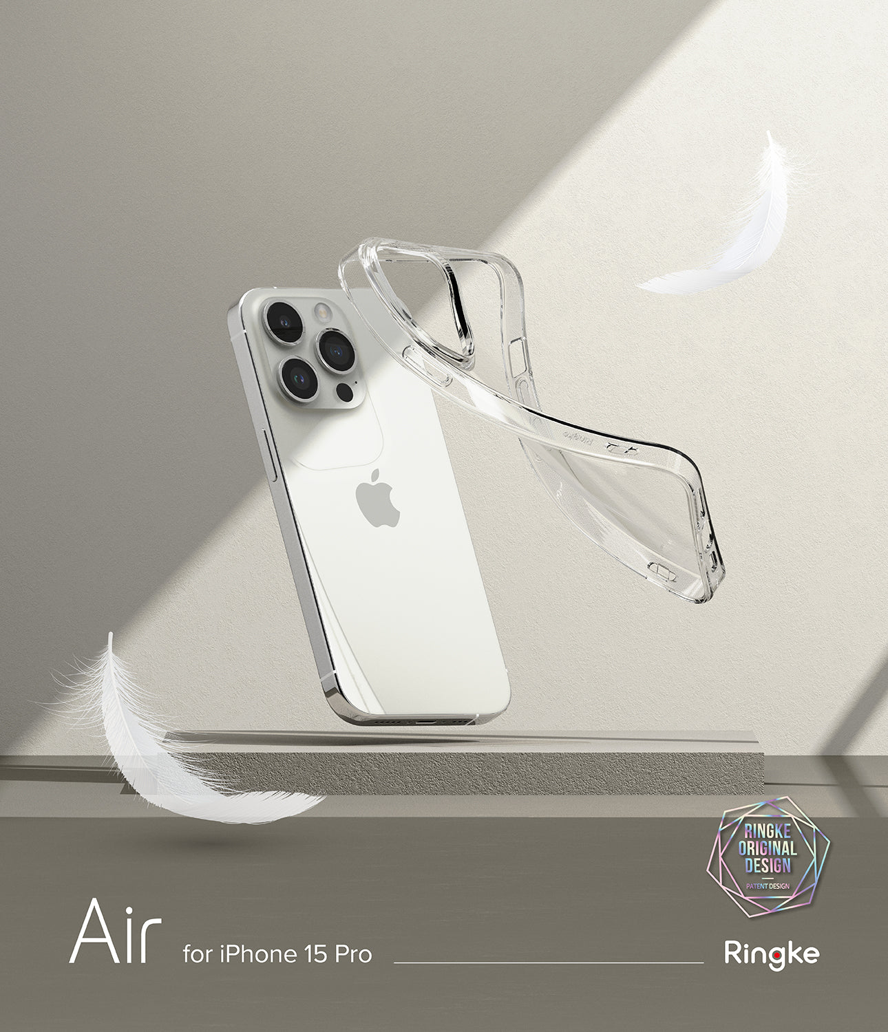 iPhone 15 Pro Case | Air - A clear, flexible phone case floating next to a white iPhone 15 Pro with white feathers.