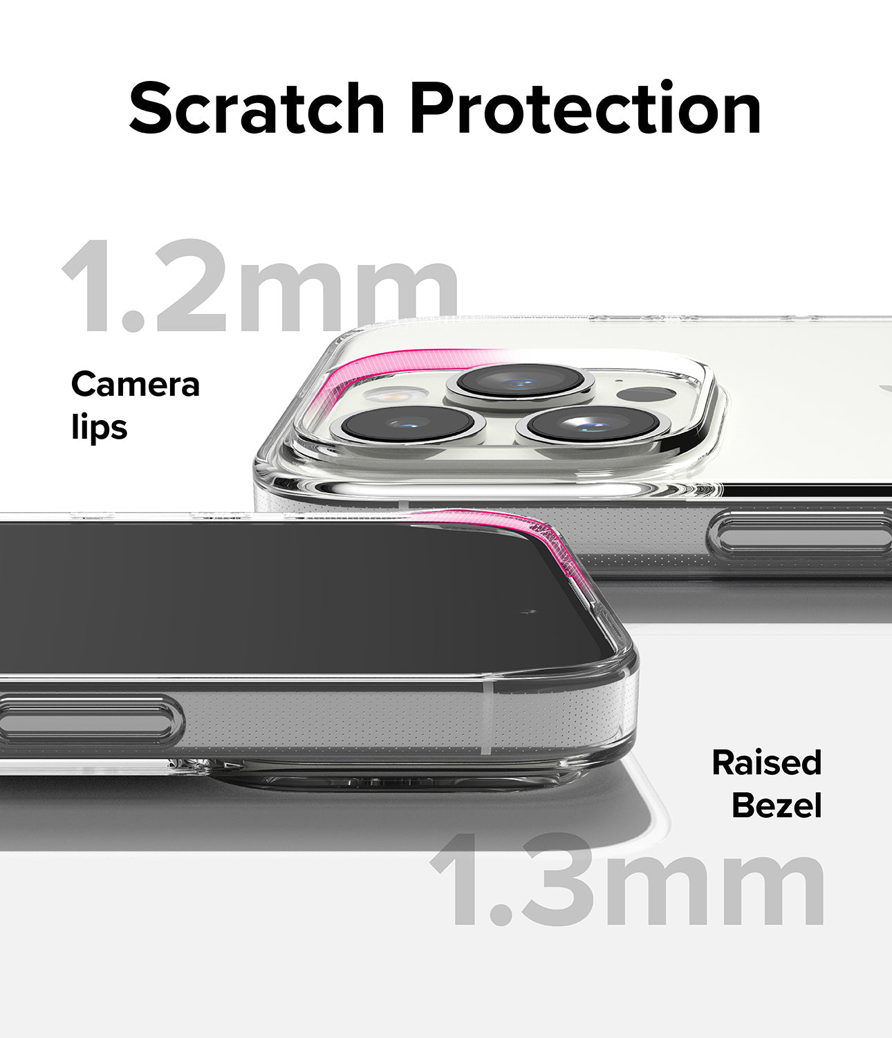 iPhone 15 Pro Case | Air - Clear case showing 1.2mm camera protection and 1.3mm raised screen bezel for scratch resistance.