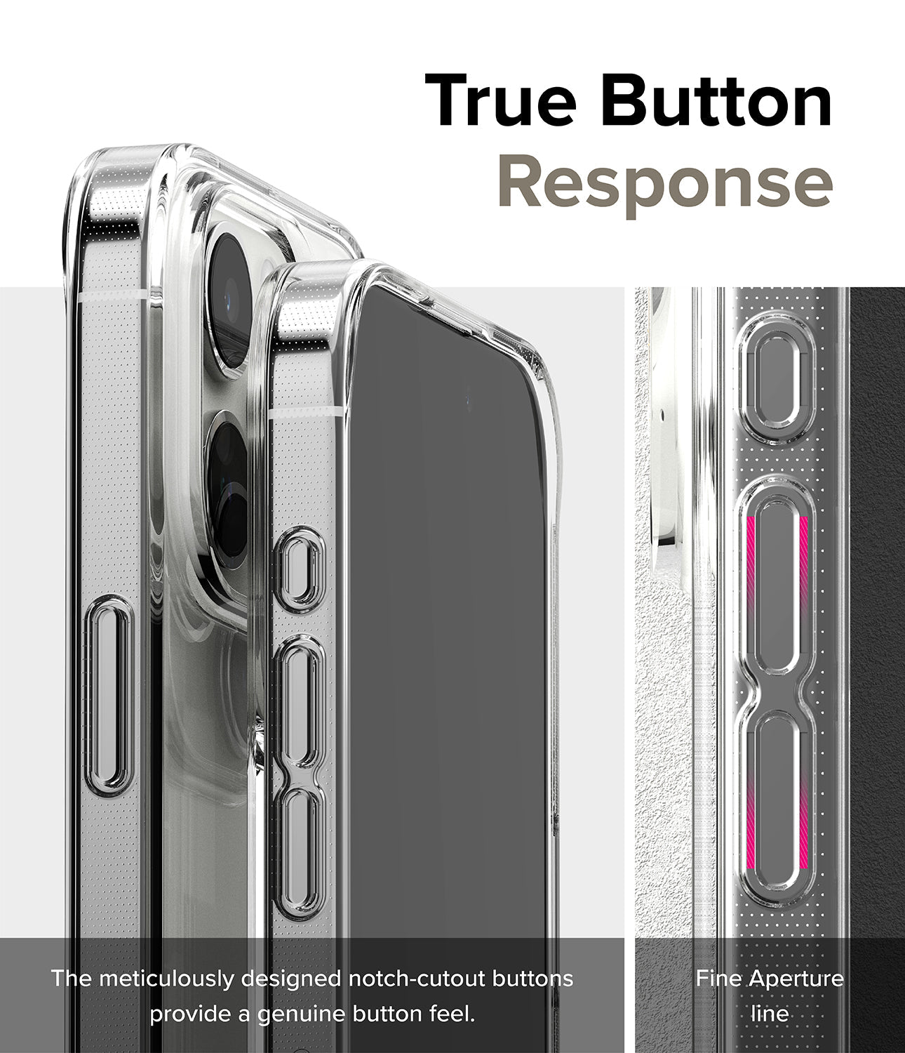 iPhone 15 Pro Case | Air - Clear phone case showing detailed notch-cutout buttons for tactile response and precise fit.