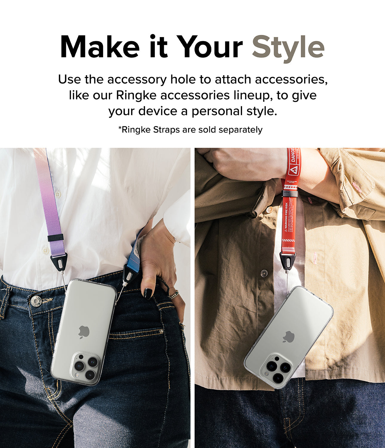 iPhone 15 Pro Case | Air - Two people wearing iPhones in clear cases attached to colorful neck and wrist straps.