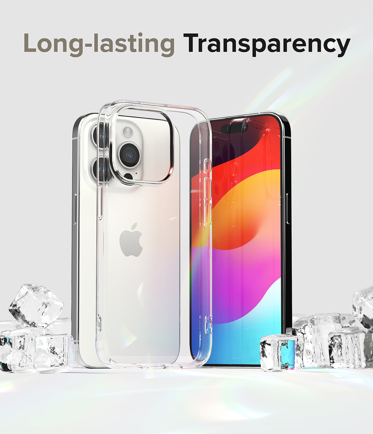 iPhone 15 Pro Case | Air - Clear phone case standing next to an iPhone 15 Pro surrounded by ice cubes on a white surface.