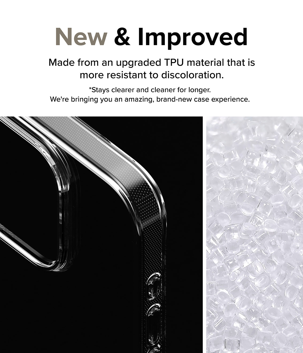 iPhone 15 Pro Case | Air - Clear case with micro-dot texture and pile of raw TPU pellets highlighting upgraded material.