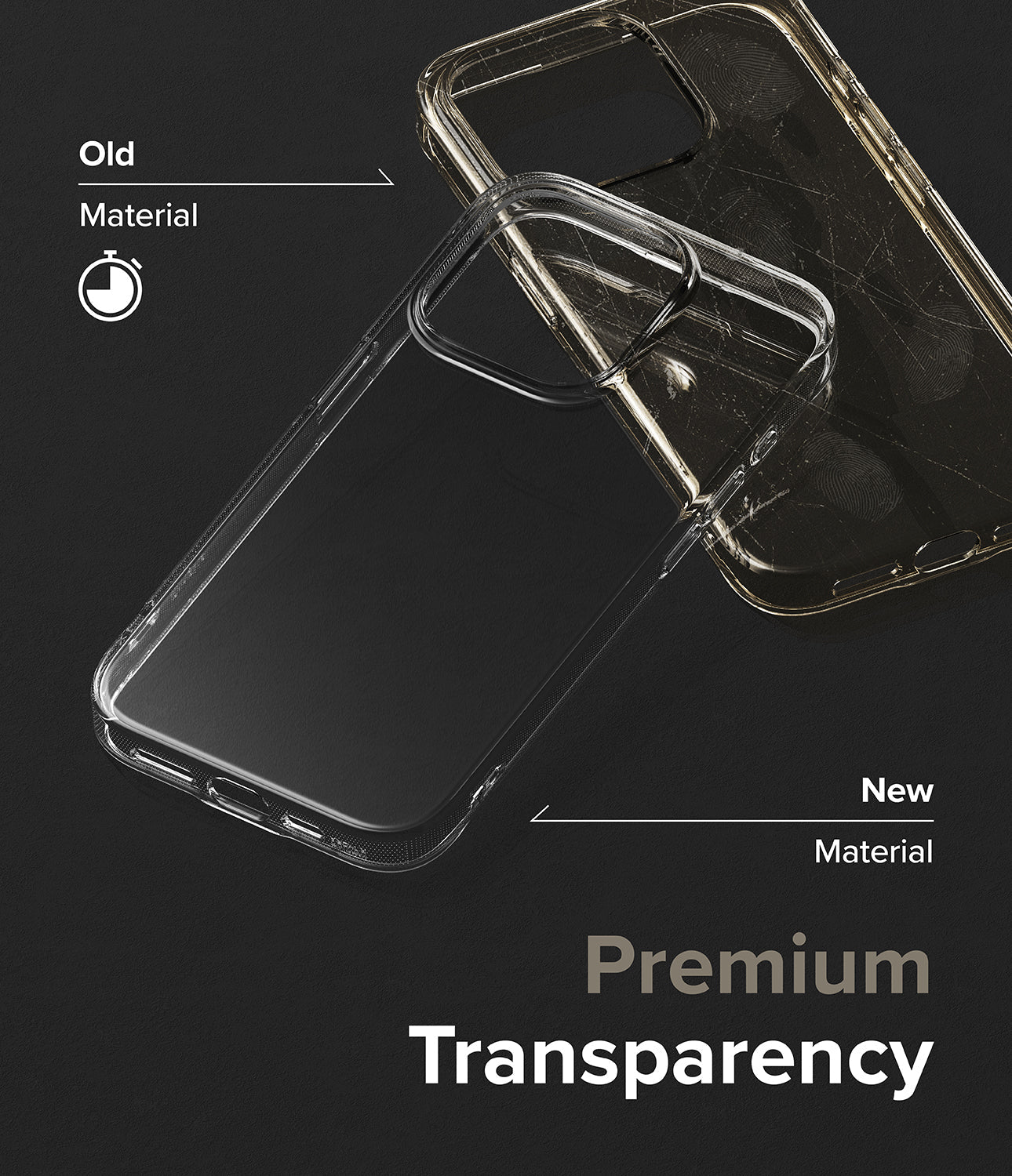 iPhone 15 Pro Case | Air - Comparison of a yellowed, scratched old case and a clear, pristine new iPhone 15 Pro case.