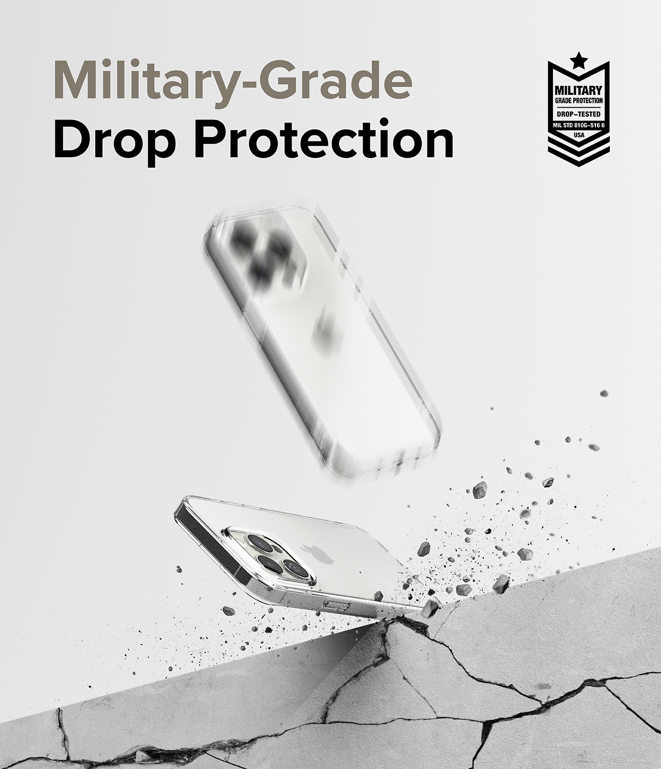 iPhone 15 Pro Case | Air - Clear phone case bouncing off a cracked concrete surface with military-grade protection badge.