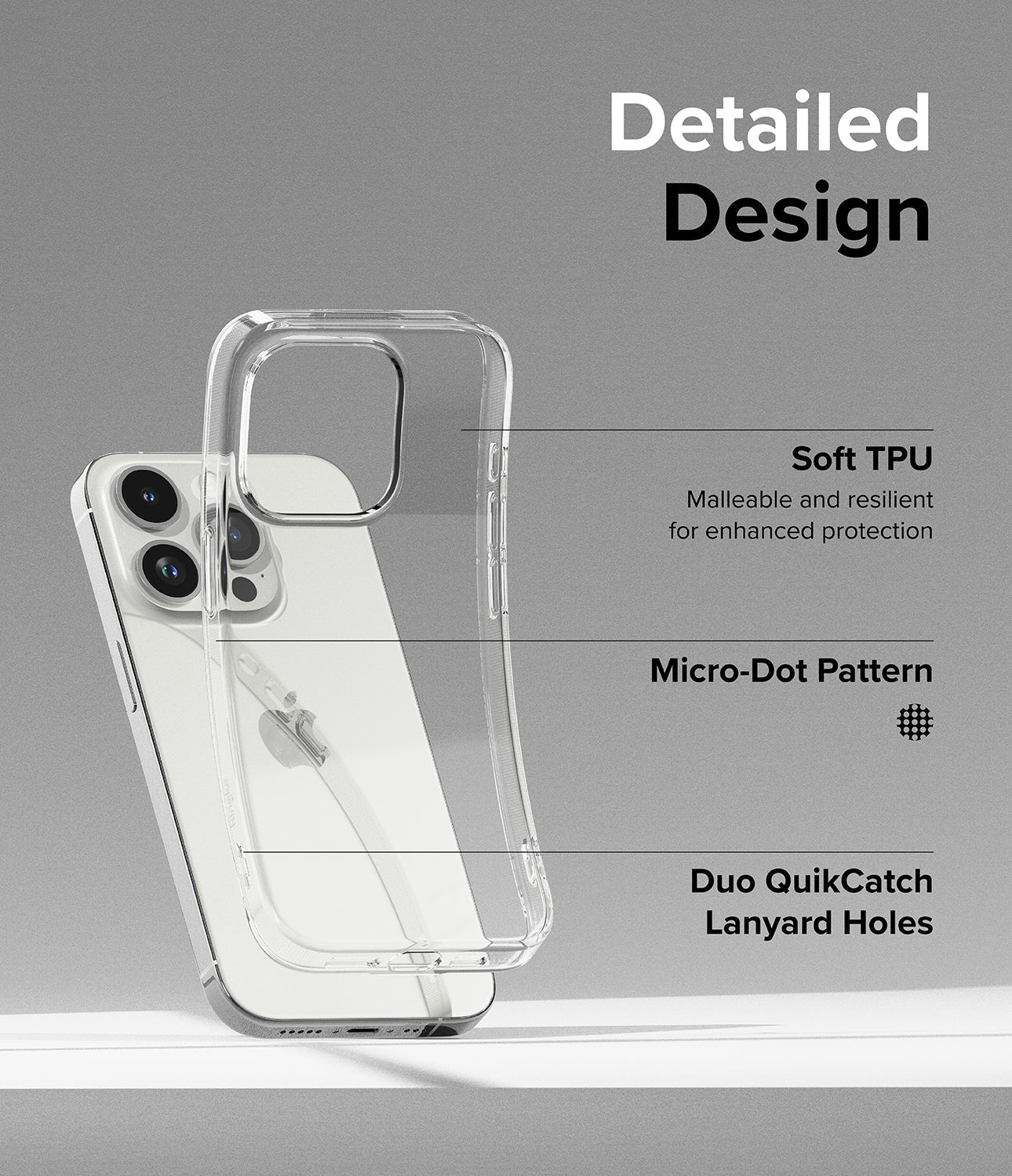 iPhone 15 Pro Case | Air - Clear phone case showing Soft TPU, micro-dot pattern, and lanyard holes on an iPhone 15 Pro.