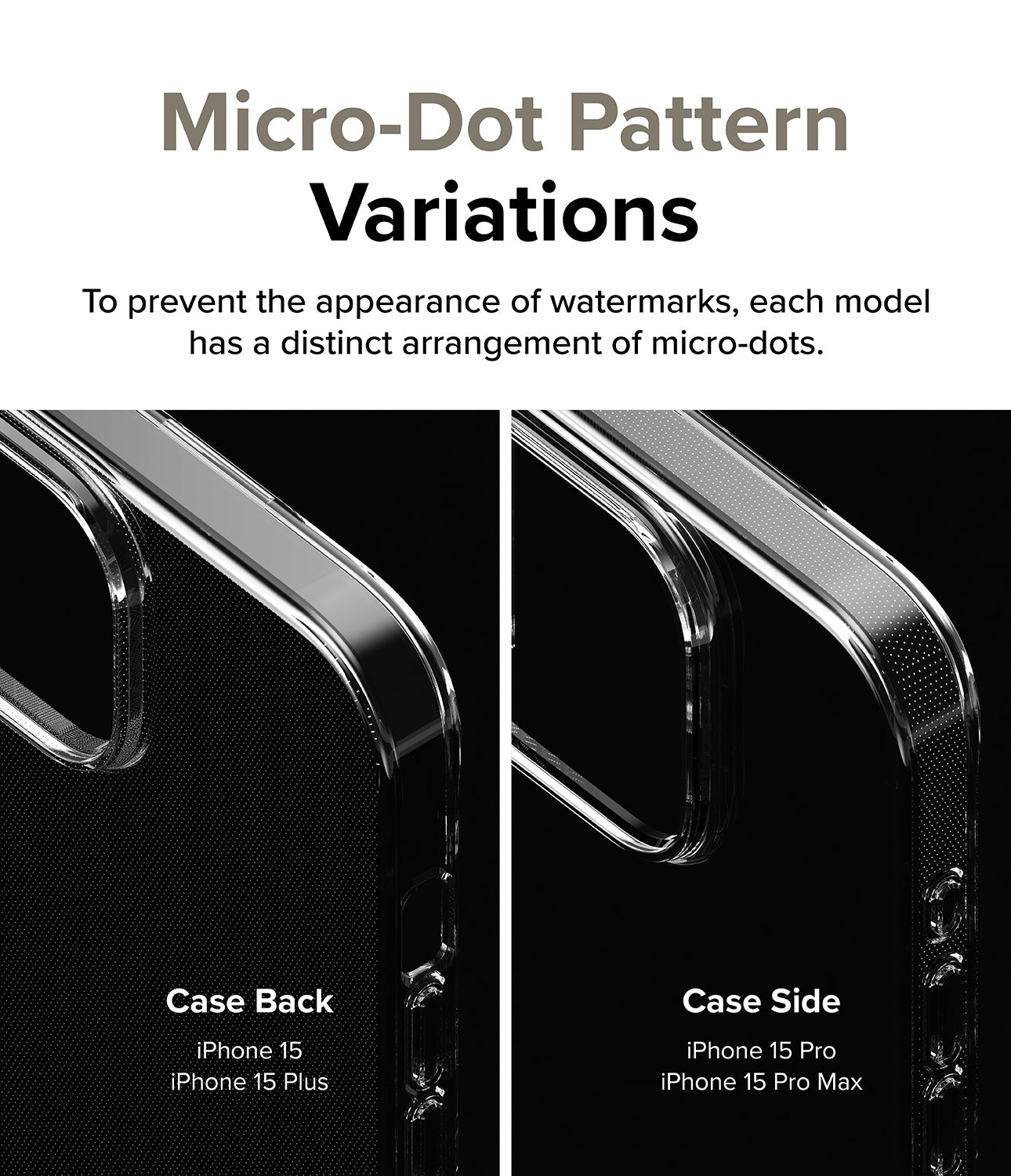 iPhone 15 Pro Case | Air - Comparison of micro-dot patterns on the back and side of clear iPhone cases to prevent watermarks.