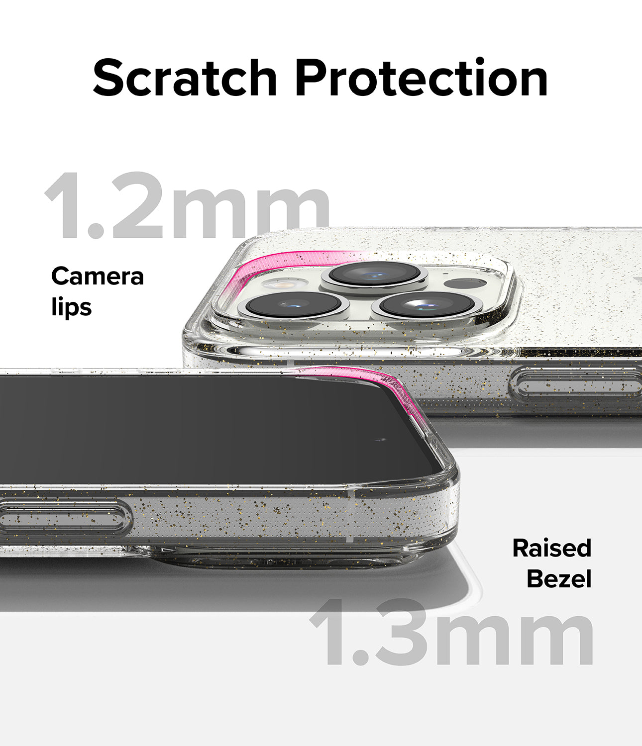 iPhone 15 Pro Case | Air - Clear glitter case showing 1.2mm camera lips and 1.3mm raised screen bezel for scratch protection.