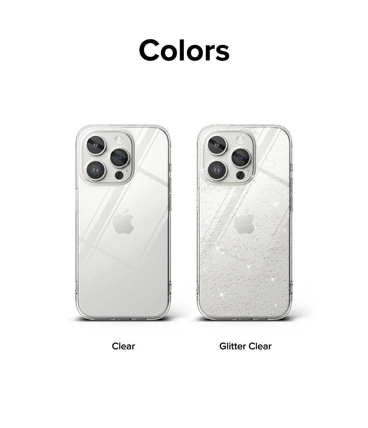 iPhone 15 Pro Case | Air - Two iPhone 15 Pro phones side-by-side, one in a clear case and one in a glitter clear case.