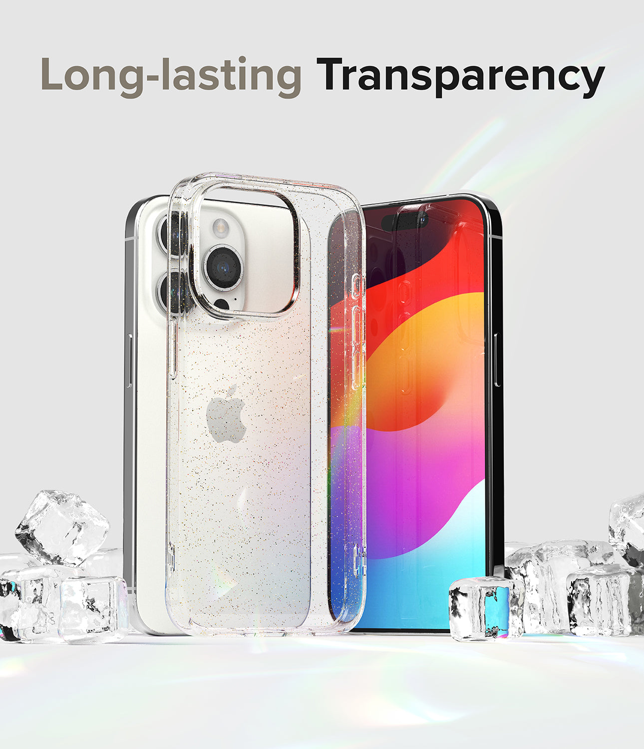 iPhone 15 Pro Case | Air - Clear glitter phone case standing with an iPhone 15 Pro surrounded by ice cubes.