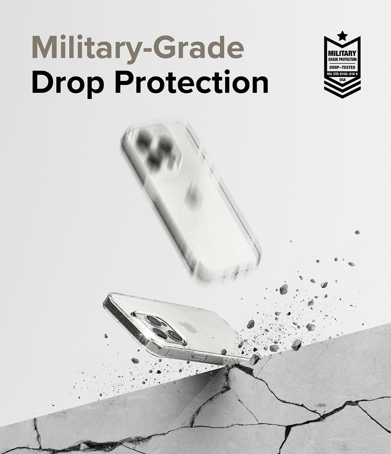 iPhone 15 Pro Case | Air - Clear phone case bouncing off a cracked concrete surface with military-grade protection badge.