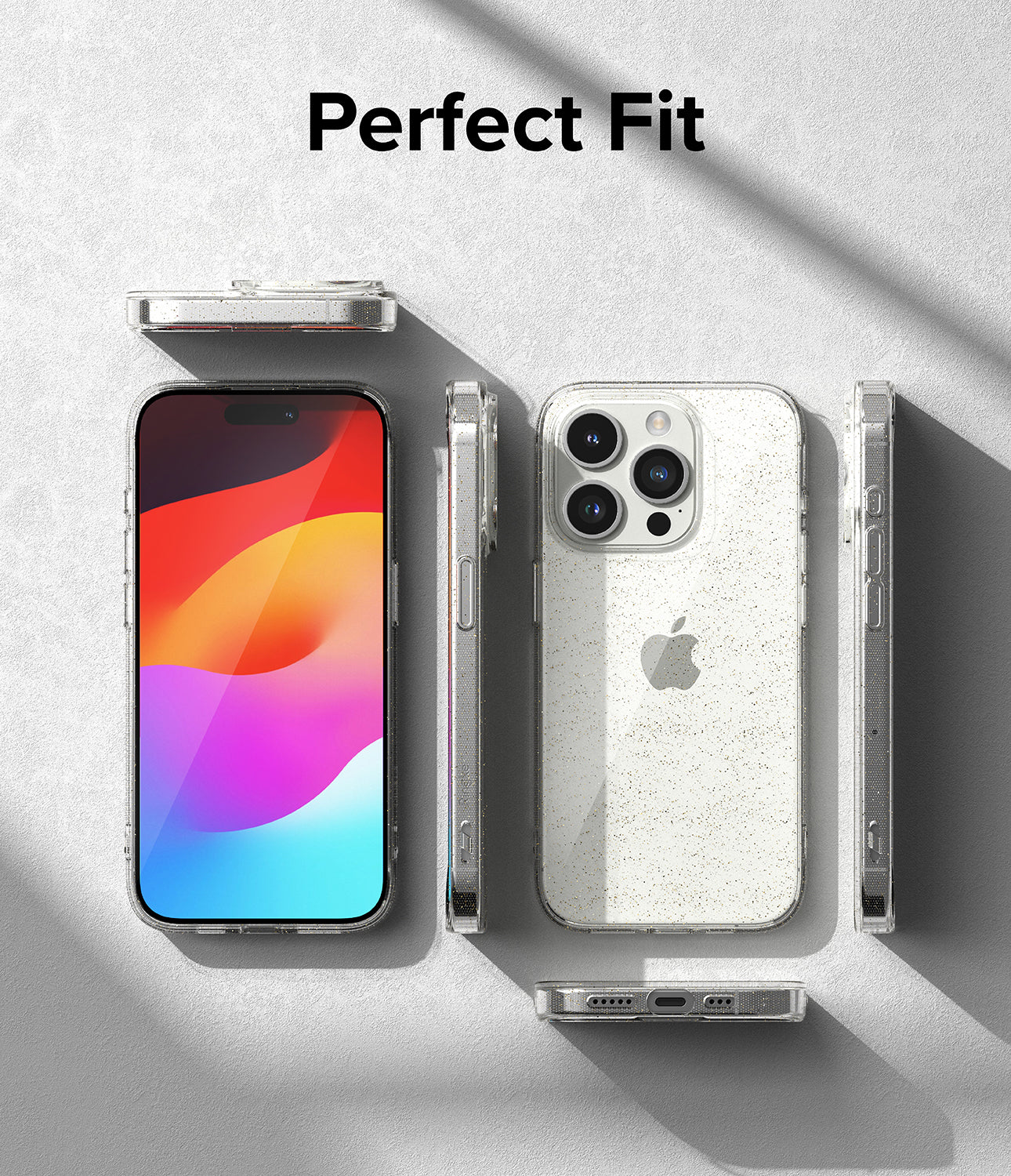 iPhone 15 Pro Case | Air - Multiple angles of a clear, glittery iPhone 15 Pro case displayed on a textured gray surface.