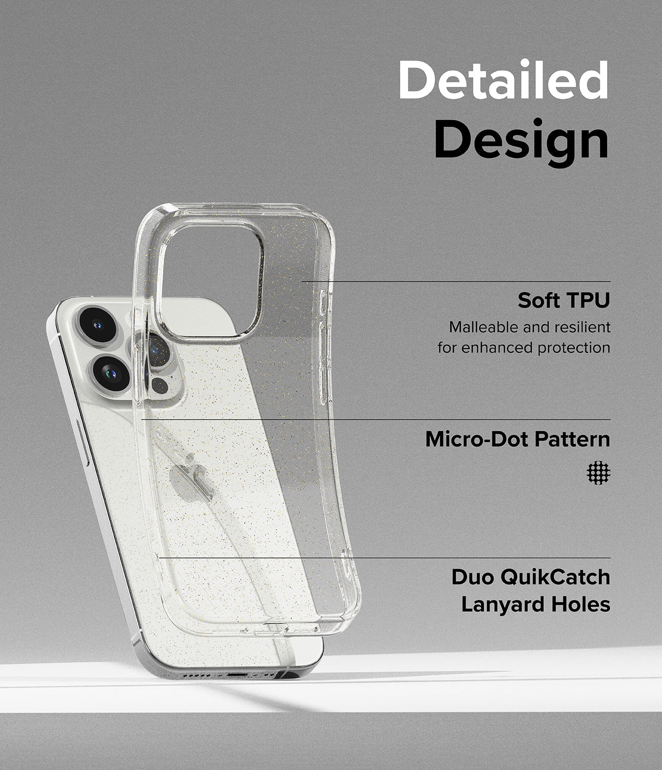 iPhone 15 Pro Case | Air - Clear phone case features highlighting soft TPU, micro-dot pattern, and lanyard holes.