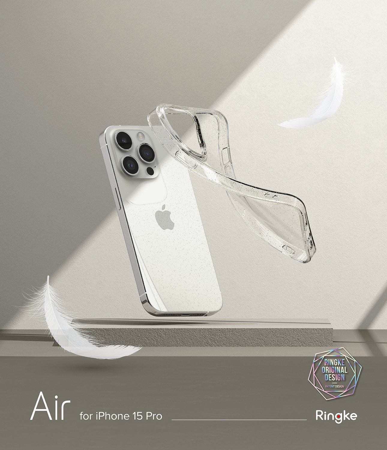 iPhone 15 Pro Case | Air - Clear iPhone 15 Pro case floating next to the phone with white feathers against a neutral background.