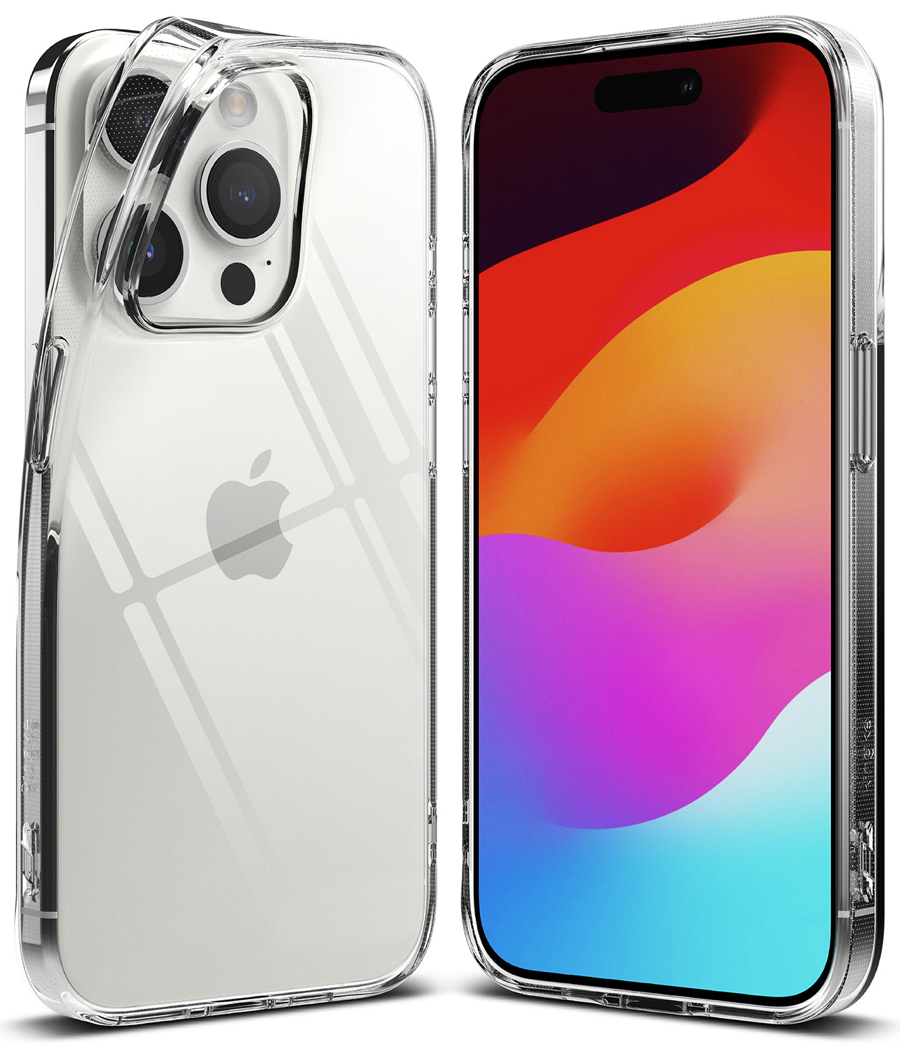 iPhone 15 Pro Case | Air - Clear protective case shown from back and front angles on an iPhone 15 Pro with colorful screen.