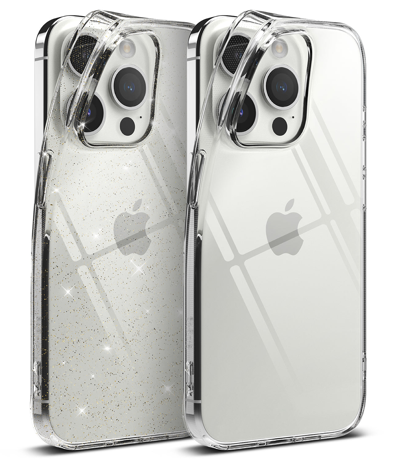 iPhone 15 Pro Case | Air - Two clear iPhone 15 Pro cases, one with glitter and one plain, showing camera cutouts and Apple logo.