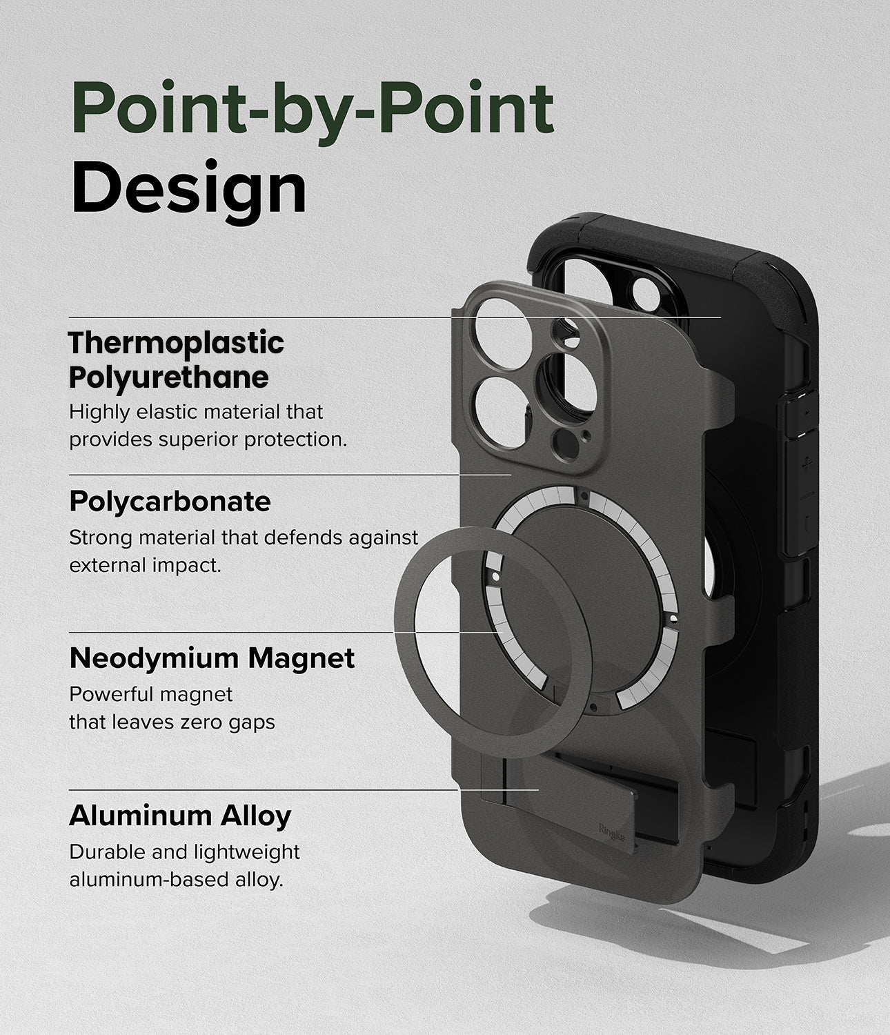 iPhone 15 Pro Case | Alles - Gun Metal - Point-By-Point Design. Highly elastic material that provides superior protection with Thermoplastic Polyurethane. Strong material that defends against external impact with Polycarbonate. Neodymium Magnet for powerful magnet that leaves zero gaps. Durable and lightweight aluminum-based alloy.