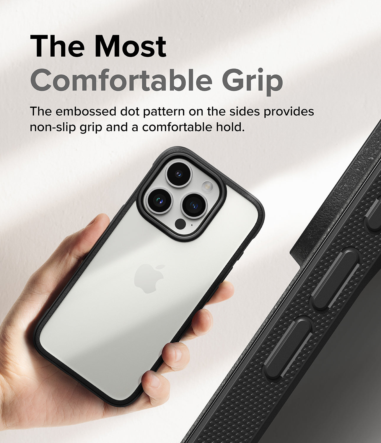 iPhone 15 Pro Case | Fusion Bold - Clear/Black - The Most Comfortable Grip. The embossed dot pattern on the sides provides non-slip grip and a comfortable hold.