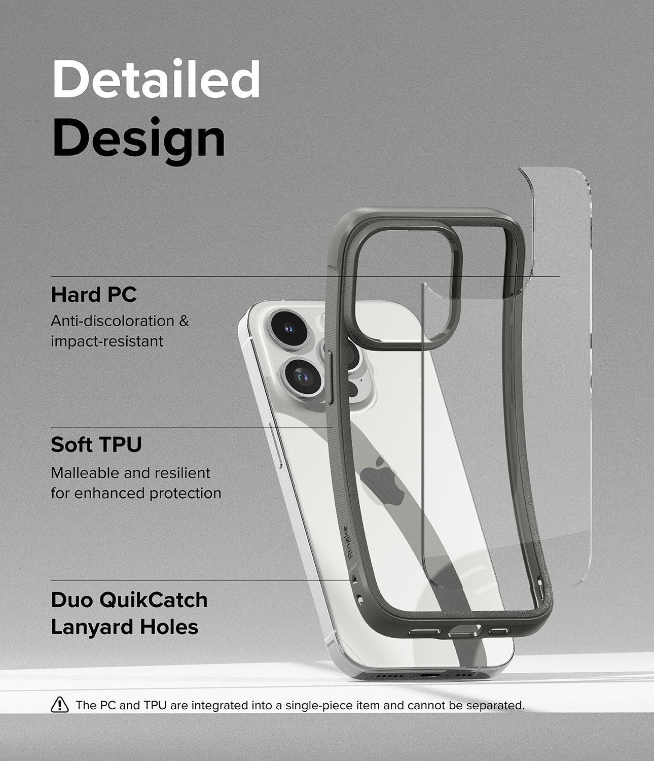iPhone 15 Pro Case | Fusion Bold - Clear/Gray - Detailed Design. Anti-discoloration and impact-resistant with Hard PC. Malleable and resilient for enhanced protection with Soft TPU. Duo QuikCatch Lanyard Holes.