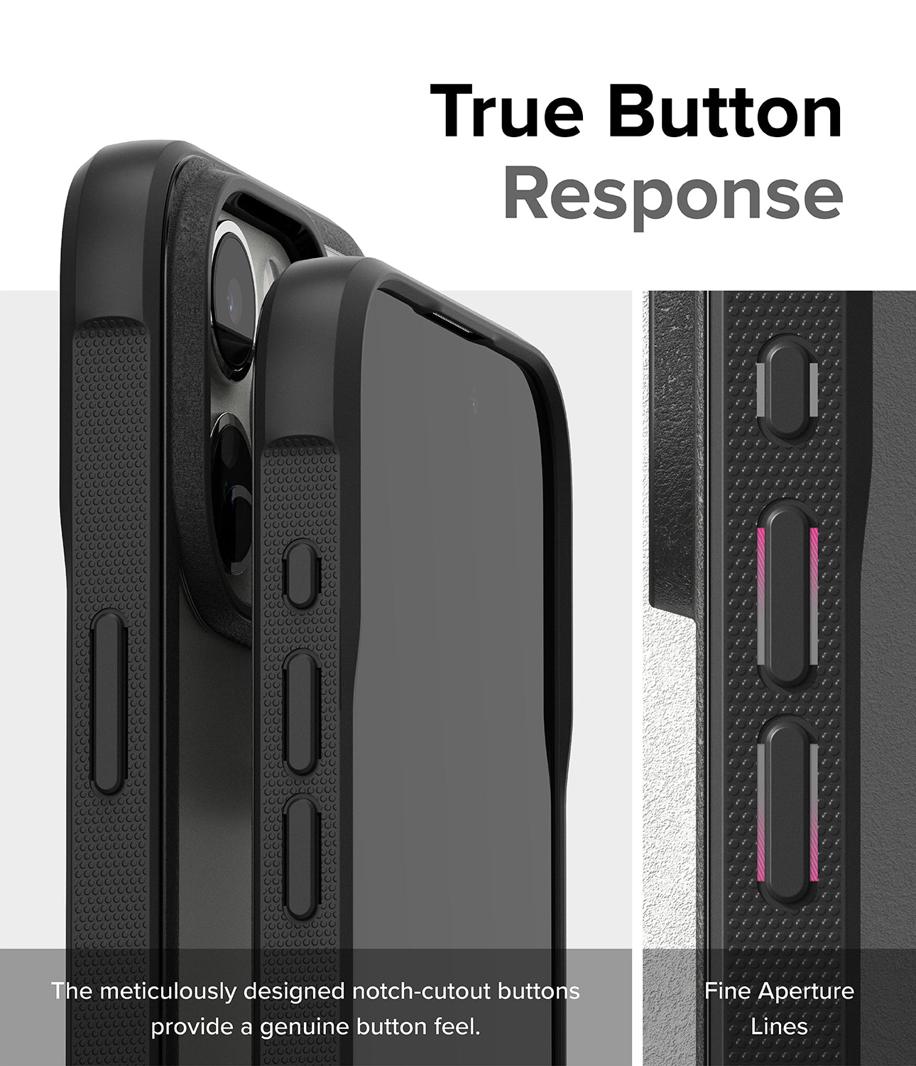 iPhone 15 Pro Case | Fusion Bold - Matte/Black - True Button Response. The meticulously designed notch-cutout buttons provide a genuine button feel. Fine Aperture Lines.