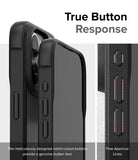 iPhone 15 Pro Case | Fusion Bold - Matte/Black - True Button Response. The meticulously designed notch-cutout buttons provide a genuine button feel. Fine Aperture Lines.