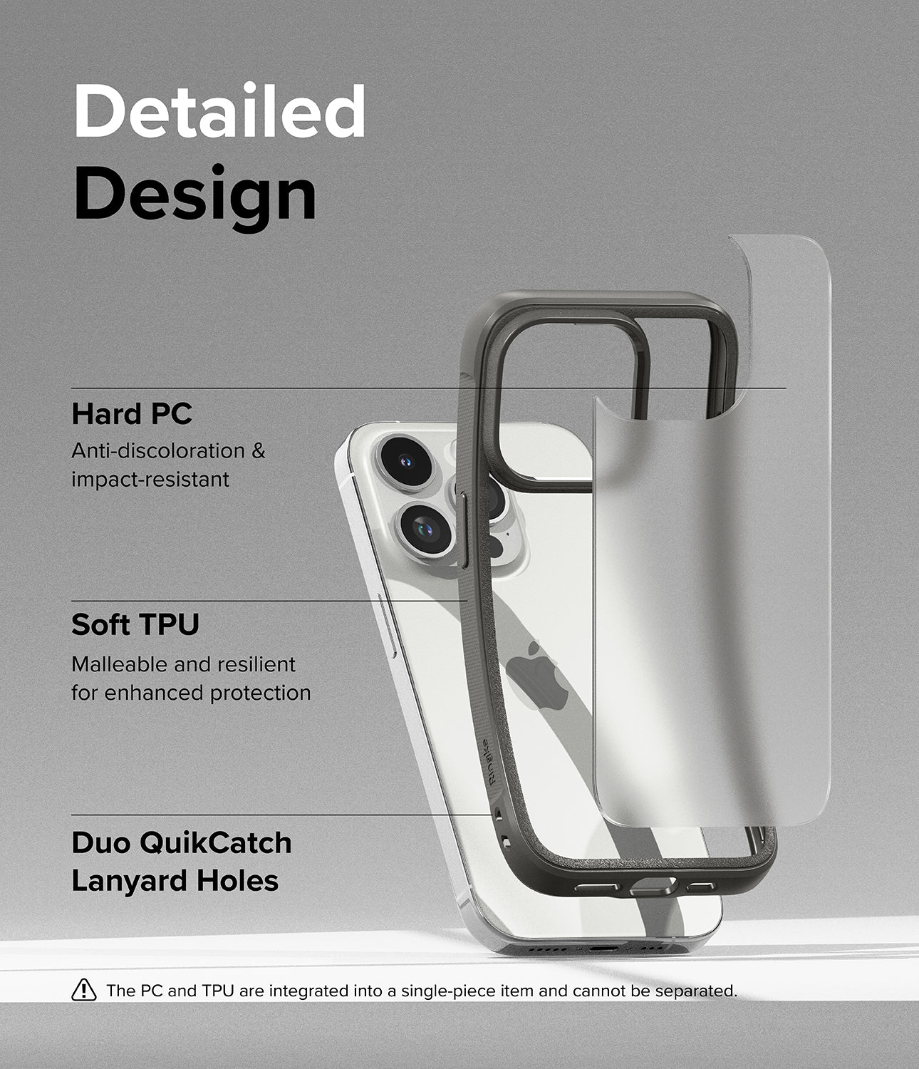 iPhone 15 Pro Case | Fusion Bold - Matte/Gray - Detailed Design. Anti-discoloration and impact-resistant with Hard PC. Malleable and resilient for enhanced protection with Soft TPU. Duo QuikCatch Lanyard Holes.
