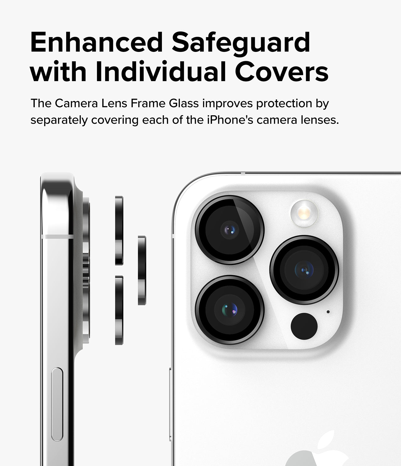 iPhone 15 Pro | Camera Lens Frame Glass - Enhanced Safeguard with Individual Covers. The Camera Lens Frame Glass improved protection by separately covering each of the iPhone's camera lenses.