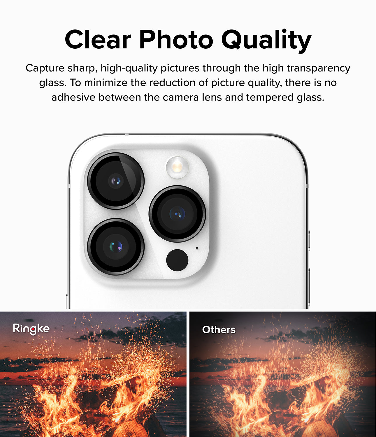 iPhone 15 Pro | Camera Lens Frame Glass - Clear Photo Quality. Capture sharp, high-quality pictures through the high transparency glass. To minimize the reduction of picture quality, there is no adhesive between the camera lens and tempered glass.