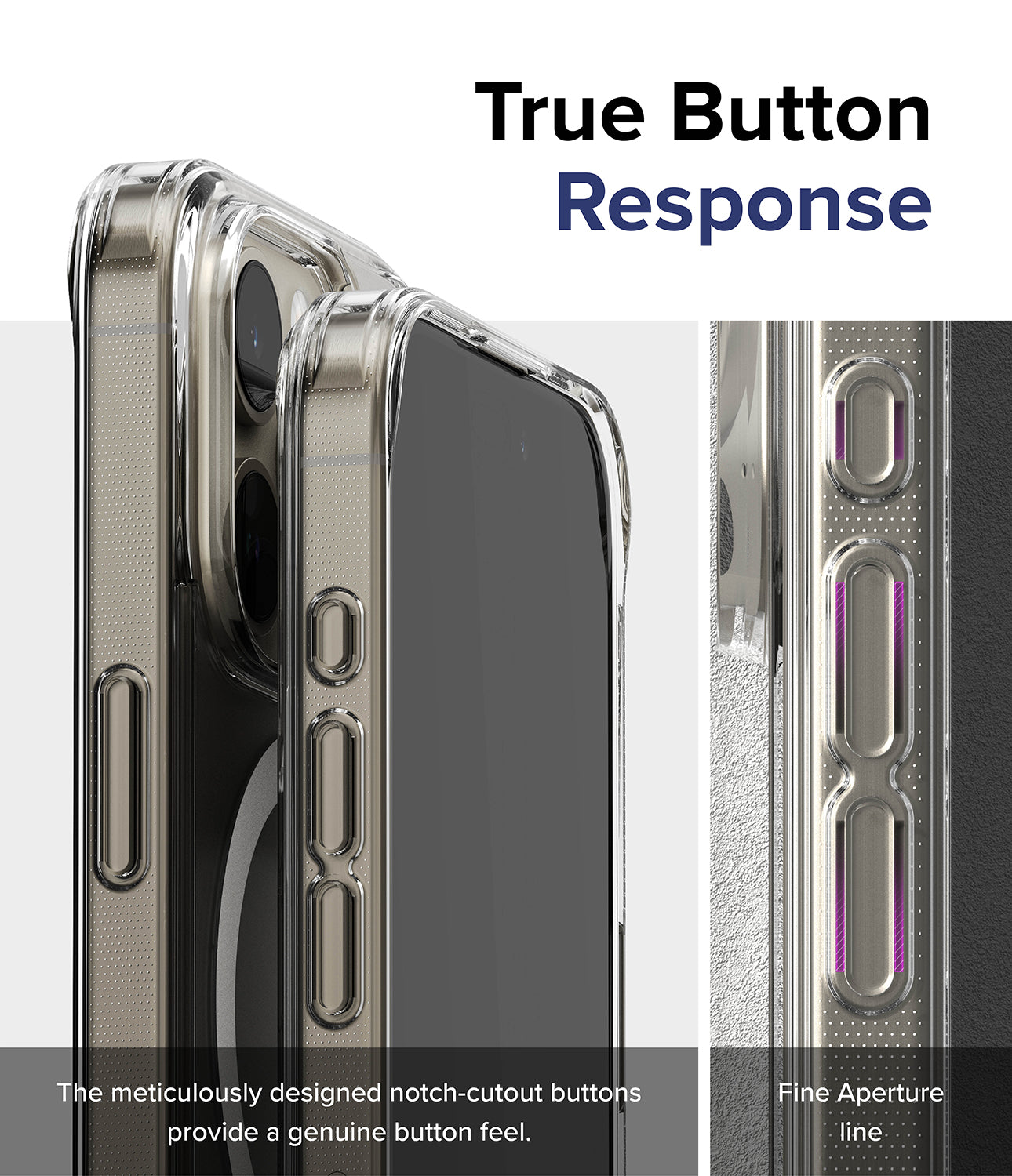 iPhone 15 Pro Case | Fusion Magnetic - Matte Clear - True Button Response. The meticulously designed notch-cutout buttons provide a genuine button feel. Fine Aperture Line.