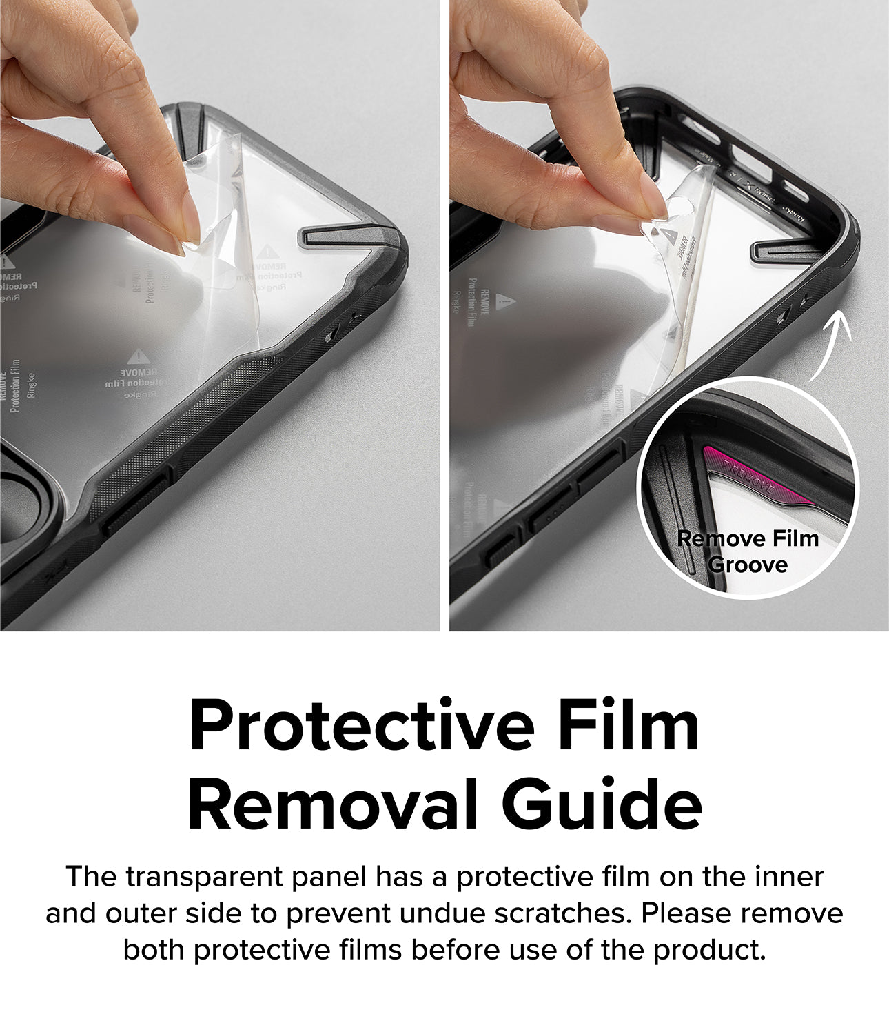 iPhone 15 Pro Case | Fusion-X - Black - Protective Film Removal Guide. The transparent panel has a protective film on the inner and outer side to prevent undue scratches. Please remove both protective films before use of the product.