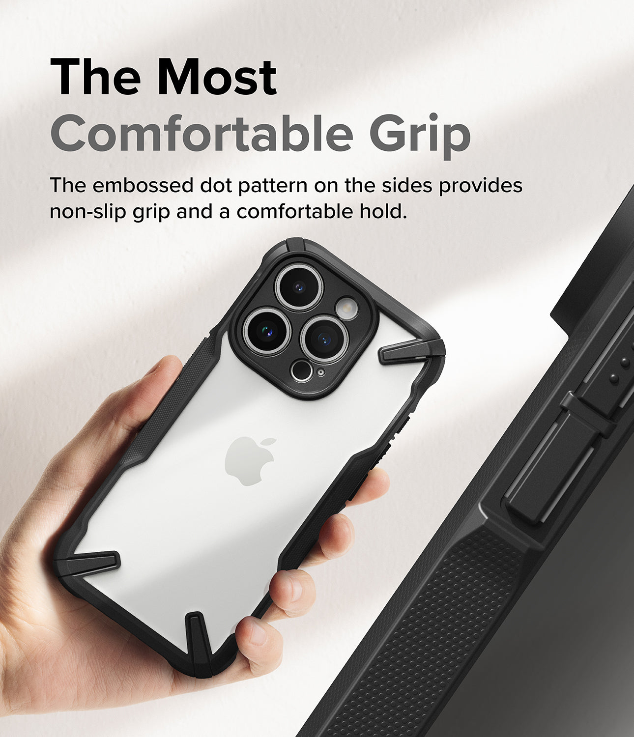 iPhone 15 Pro Case | Fusion-X - Black - The Most Comfortable Grip. The embossed dot pattern on the sides provides non-slip grip and a comfortable hold.