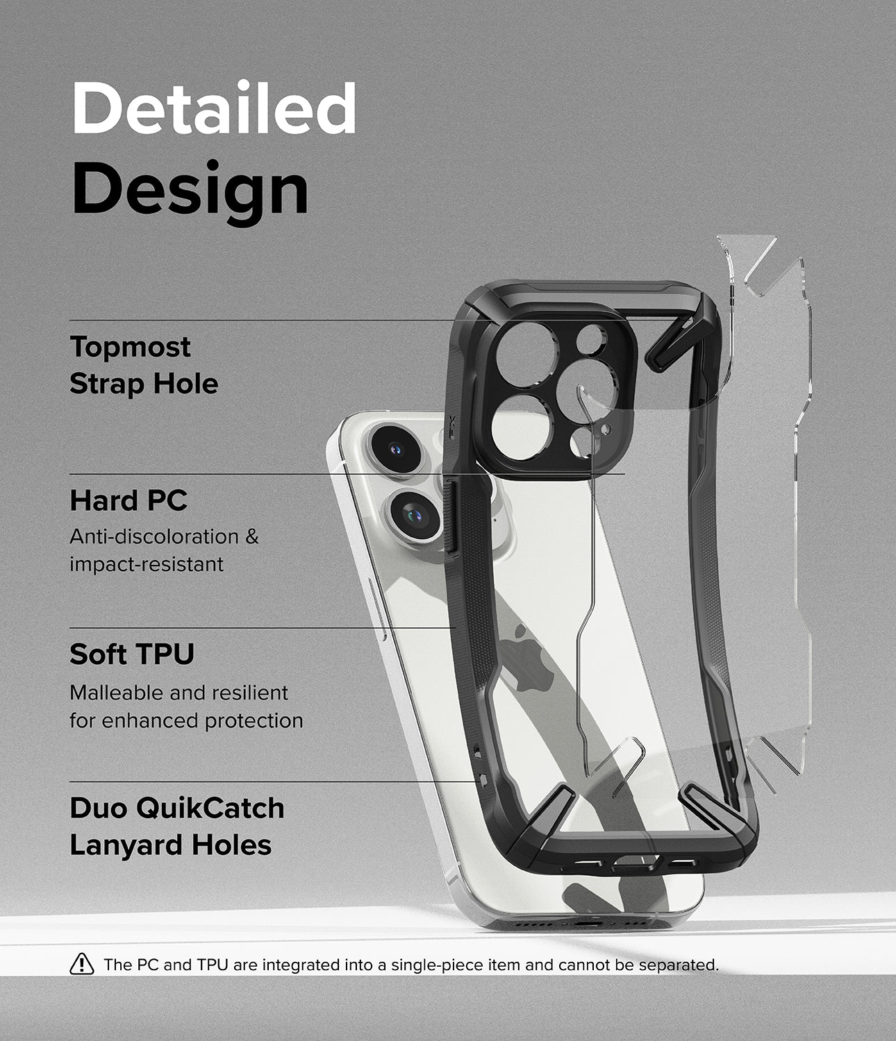iPhone 15 Pro Case | Fusion-X - Black - Detailed Design. Topmost Strap Hole. Anti-discoloration and impact resistant with Hard PC. Malleable and resilient for enhanced protection with Soft TPU. Duo QuikCatch Lanyard Holes.