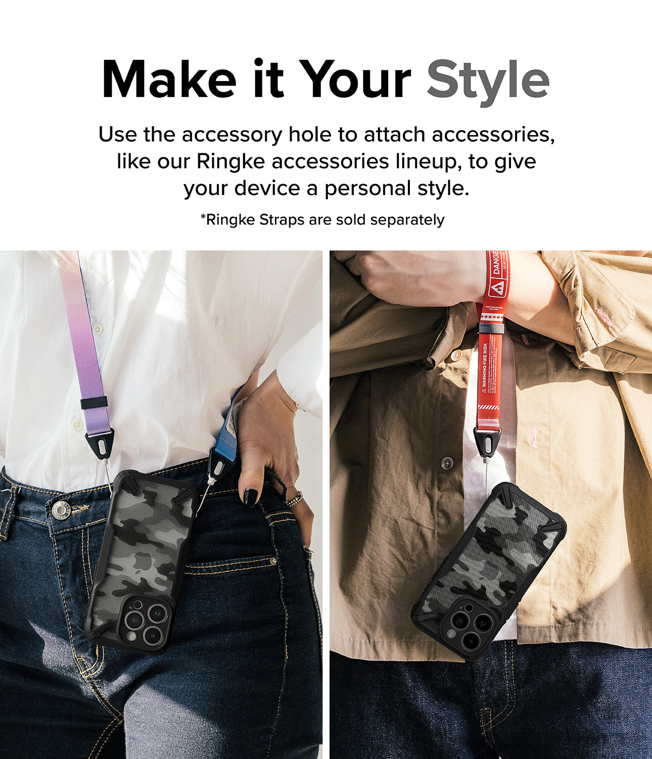 iPhone 15 Pro Case | Fusion-X - Camo Black - Make it Your Style. Use the accessory hole to attach accessories, like our Ringke accessories lineup, to give your device a personal style.