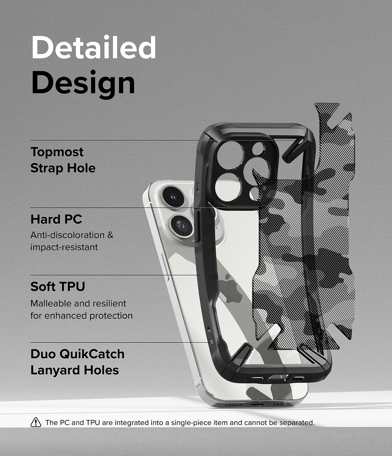 iPhone 15 Pro Case | Fusion-X - Camo Black- Detailed Design. Topmost Strap Hole. Anti-discoloration and impact-resistant Hard PC. Malleable and resilient for enhanced protection with Soft TPU. Duo QuikCatch Lanyard Holes.