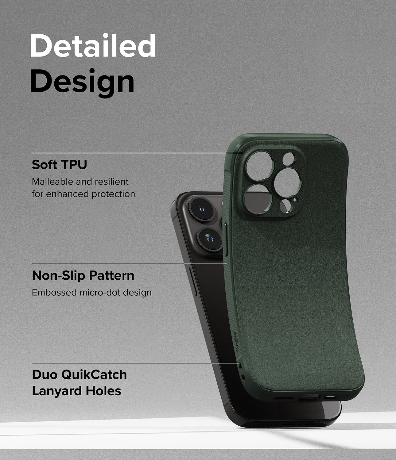 iPhone 15 Pro Case | Onyx - Dark Green - Detailed Design. Malleable and resilient for enhanced protection with Soft TPU. Embossed micro-dot design with Non-Slip Pattern. Duo QuikCatch Lanyard Holes.