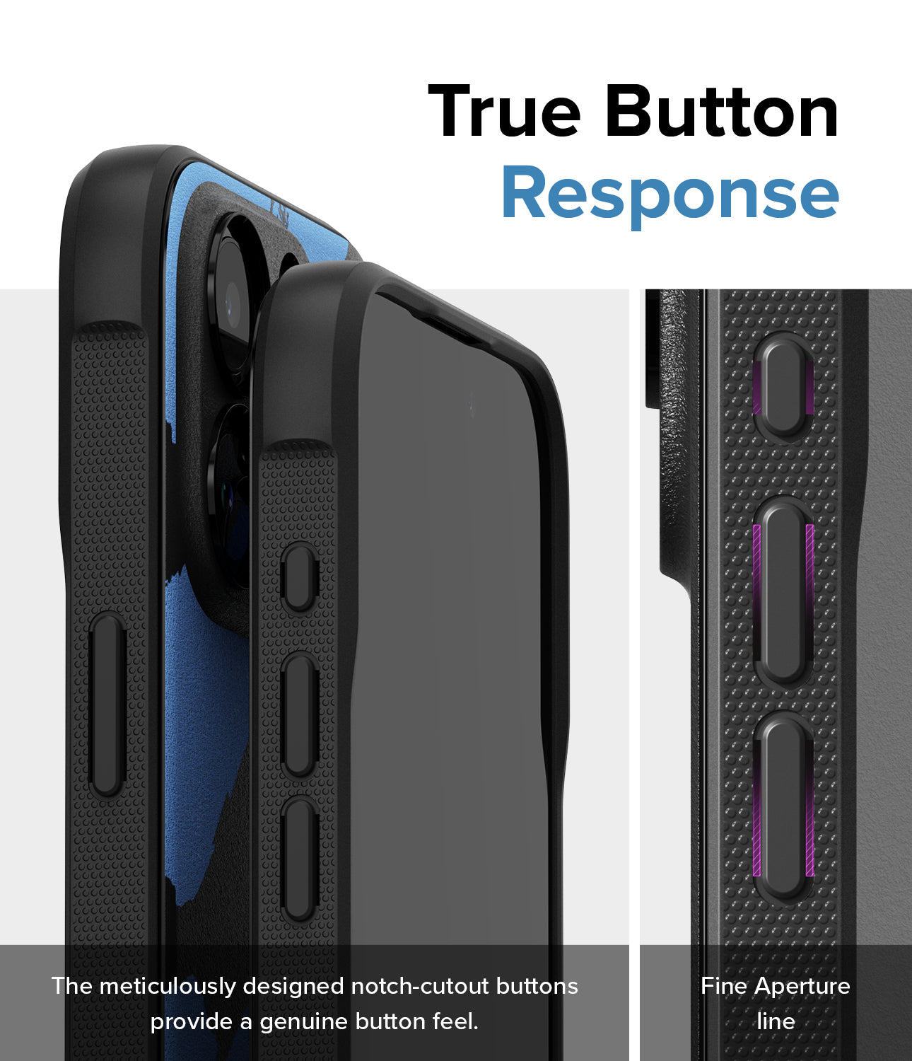 iPhone 15 Pro Case | Onyx Design - Blue Brush - True Button Response. The meticulously designed notch-cutout buttons provide a genuine button feel. Fine Aperture Line.