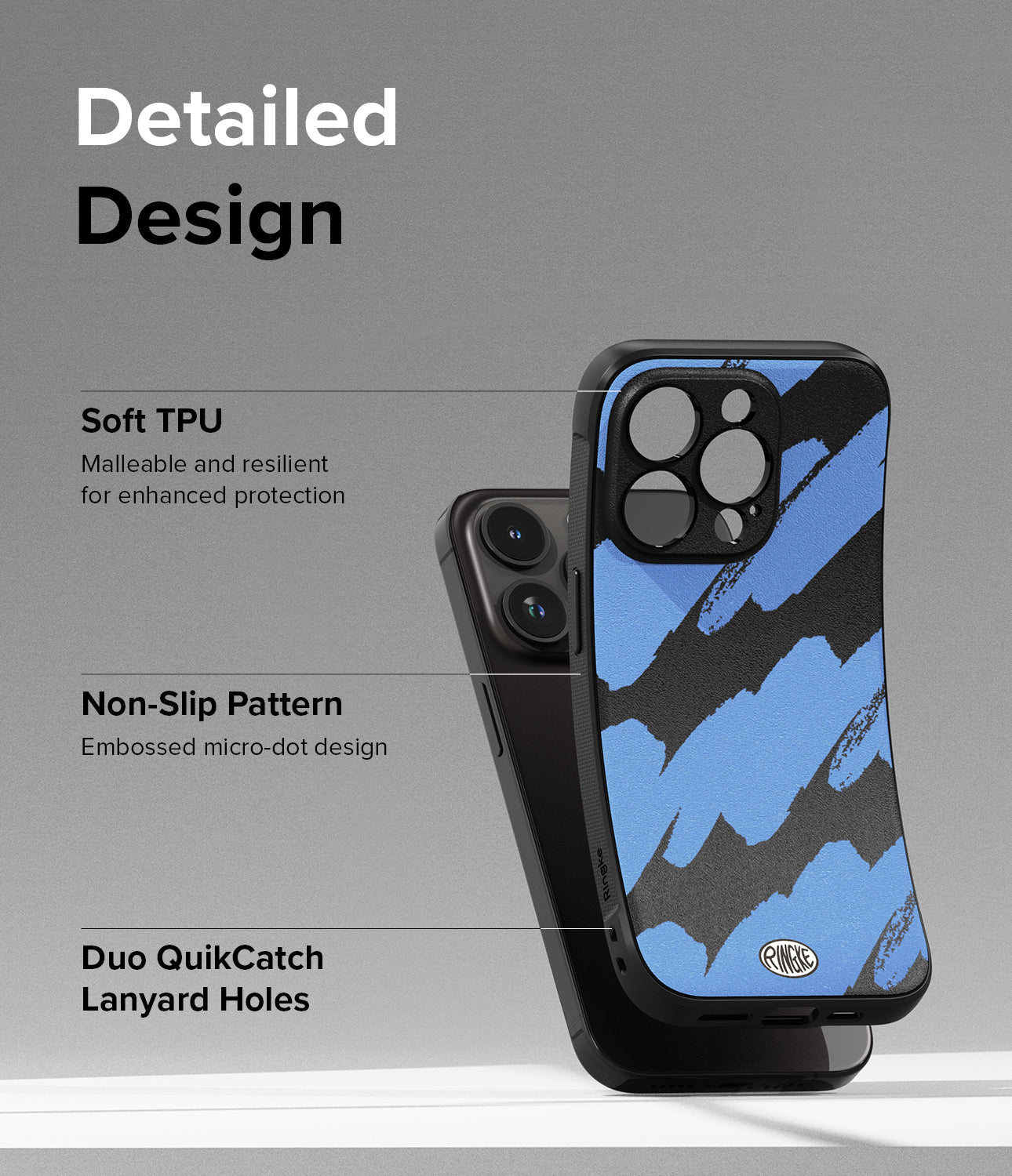 iPhone 15 Pro Case | Onyx Design - Blue Brush - Detailed Design. Malleable and resilient for enhanced protection with Soft TPU. Embossed micro-dot design with Non-Slip Pattern. Duo QuikCatch Lanyard Holes