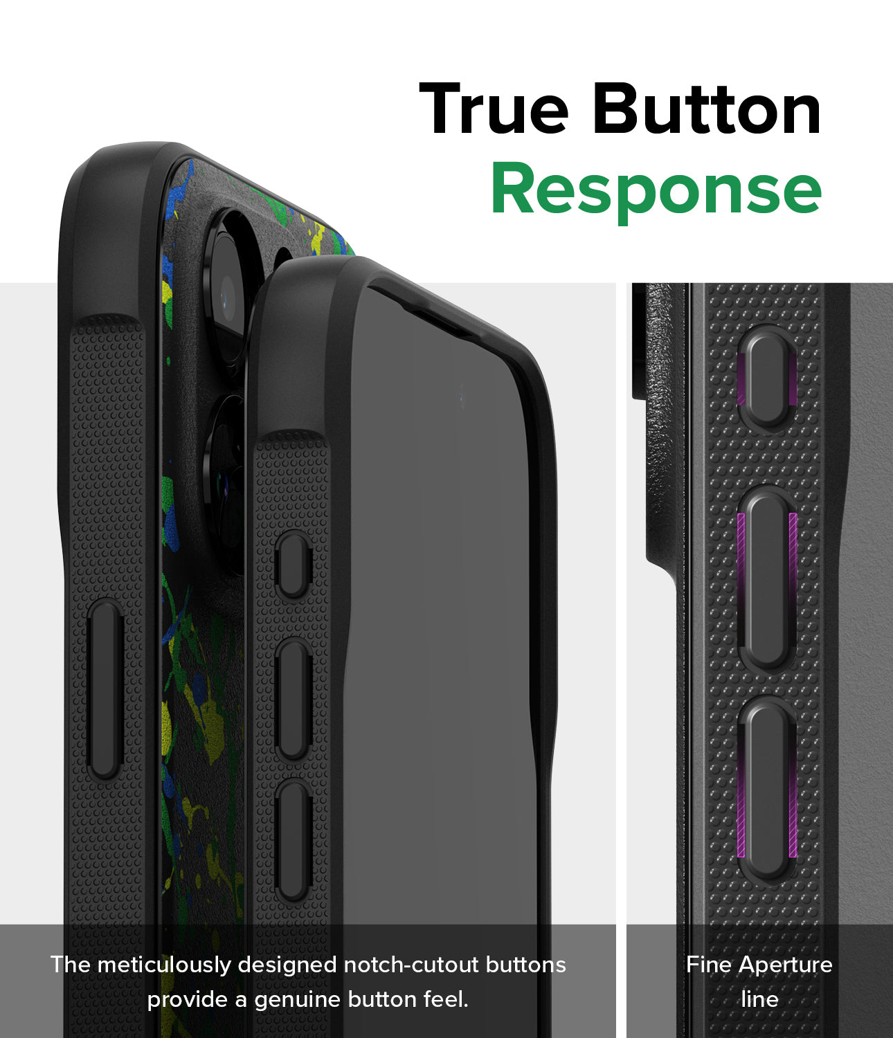 iPhone 15 Pro Case | Onyx Design - Action Painting - True Button Response. The meticulously designed notch-cutout buttons provide a genuine feel. Fine Aperture Line.