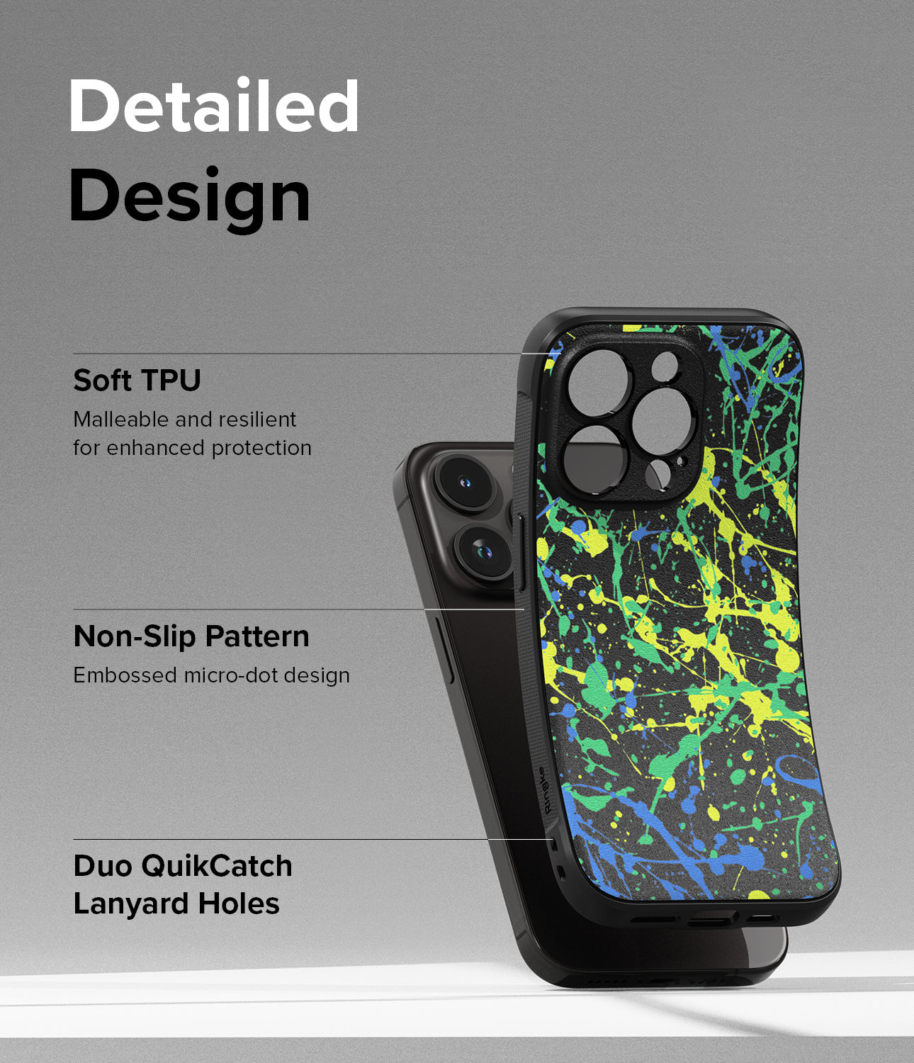 iPhone 15 Pro Case | Onyx Design - Action Painting - Detailed Design. Malleable and resilient for enhanced protection with Soft TPU. Embossed micro-dot design with Non-Slip Pattern. Duo QuikCatch Lanyard Holes.