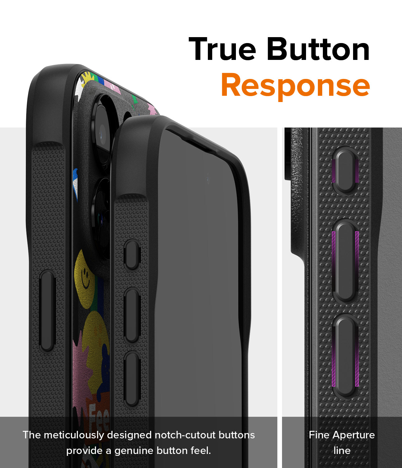 iPhone 15 Pro Case | Onyx Design - Sticker - True Button Response. The meticulously designed notch-cutout buttons provide a genuine button feel. Fine Apertue Line.