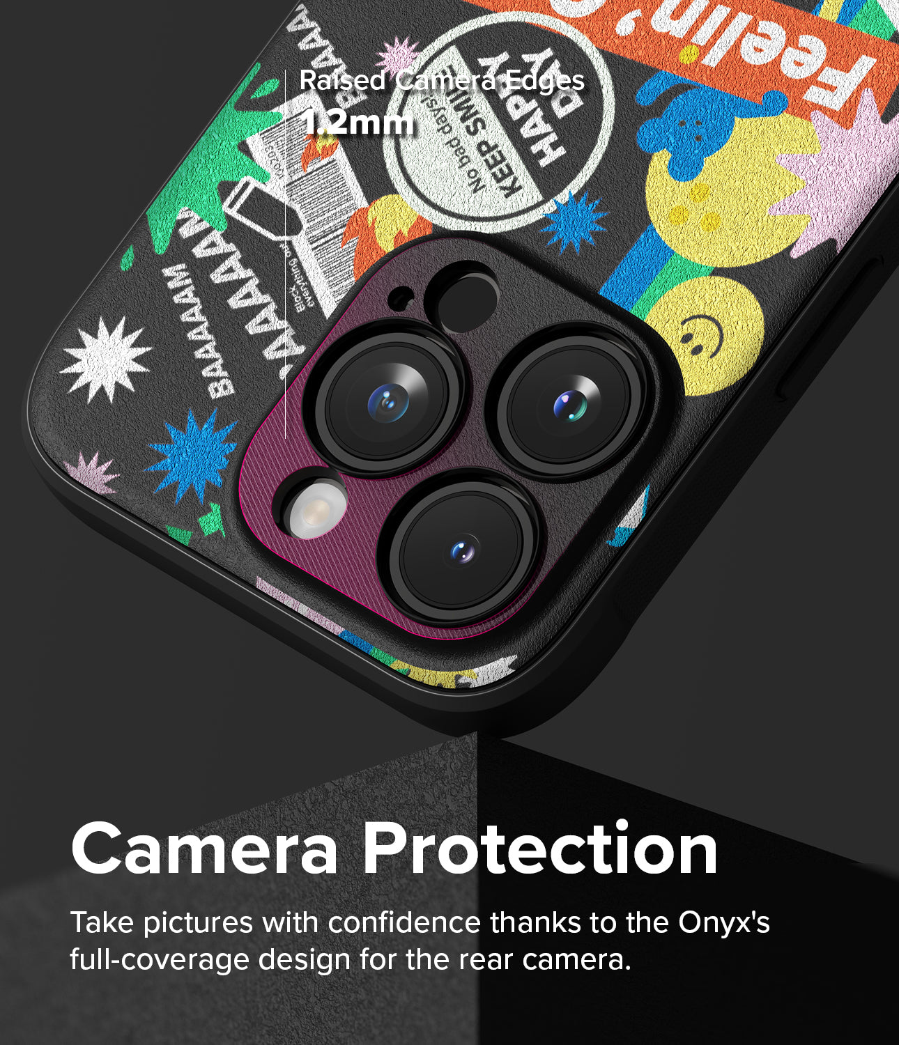 iPhone 15 Pro Case | Onyx Design - Sticker - Camera Protection. Take pictures with confidence thanks to the Onyx's full-coverage design for the rear camera.