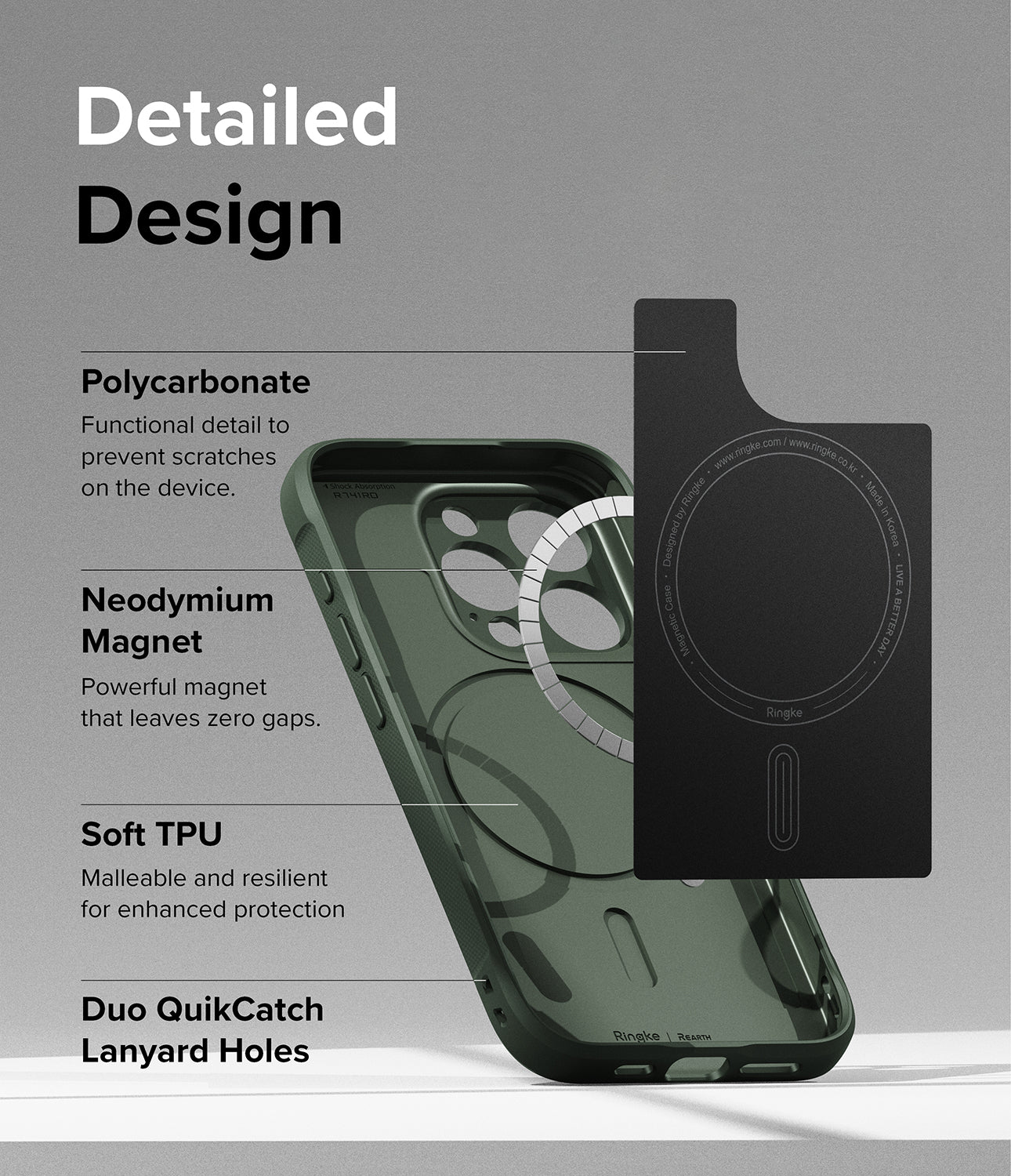 iPhone 15 Pro Case | Onyx Magnetic - Dark Green - Detailed Design. Functional detail to prevent scratches on the device with Polycarbonate. Powerful neodymium magnet that leaves zero gaps. Malleable and resilient for enhanced protection with Soft TPU. Duo QuikCatch Lanyard Holes.