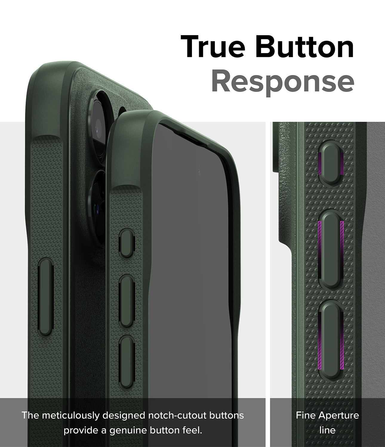 iPhone 15 Pro Case | Onyx Magnetic - Dark Green - True Button Response. The meticulously designed notch-cutout buttons provide a genuine button feel. Fine Aperture Line.
