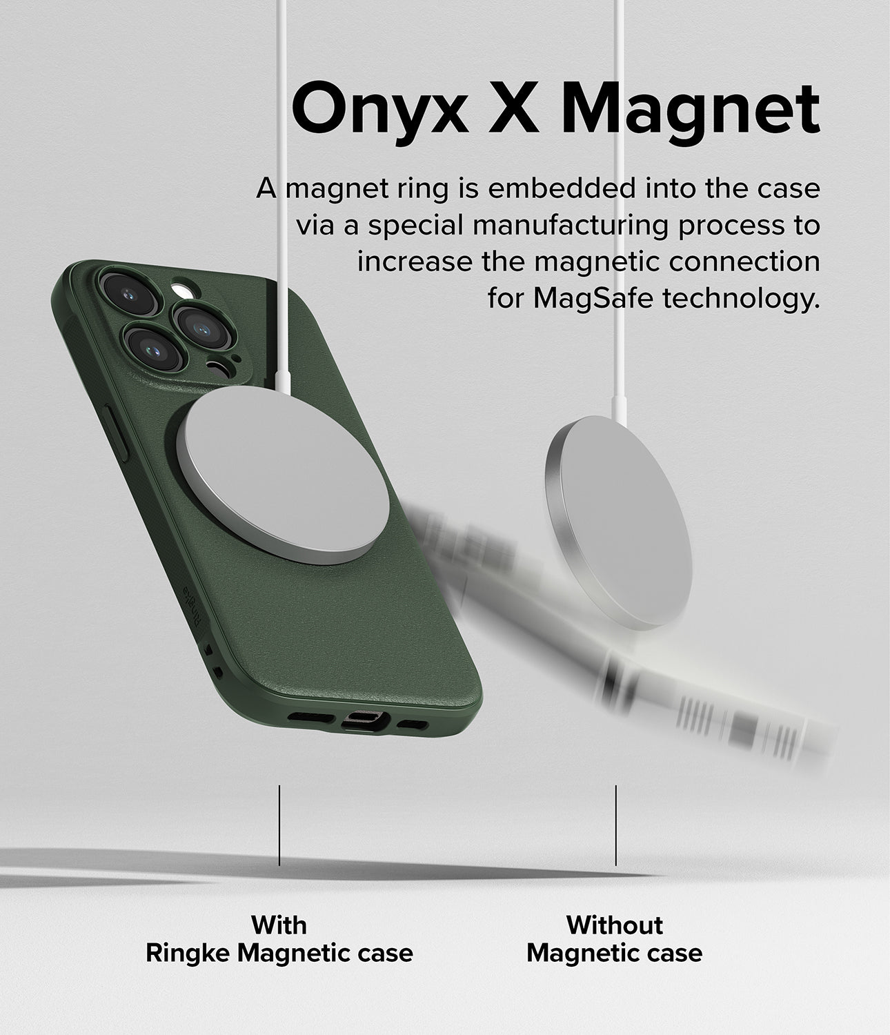 iPhone 15 Pro Case | Onyx Magnetic - Dark Green - Onyx X Magnet. A magnet ring is embedded into the case via a special manufacturing process to increase the magnetic connection for MagSafe technology.