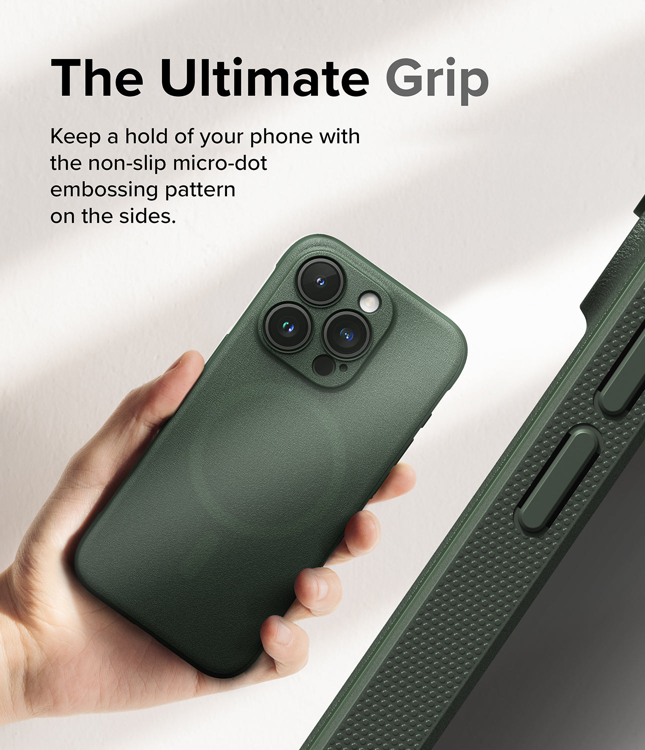 iPhone 15 Pro Case | Onyx Magnetic - Dark Green - The Ultimate Grip. Keep a hold of your phone with the non-slip micro-dot embossing pattern on the sides.