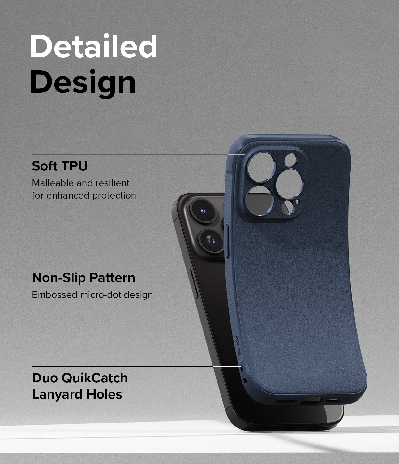 iPhone 15 Pro Case | Onyx - Navy - Detailed Design. Malleable and resilient for enhanced protection with Soft TPU. Embossed micro-dot design with Non-Slip Pattern. Duo QuikCatch Lanyard Holes.