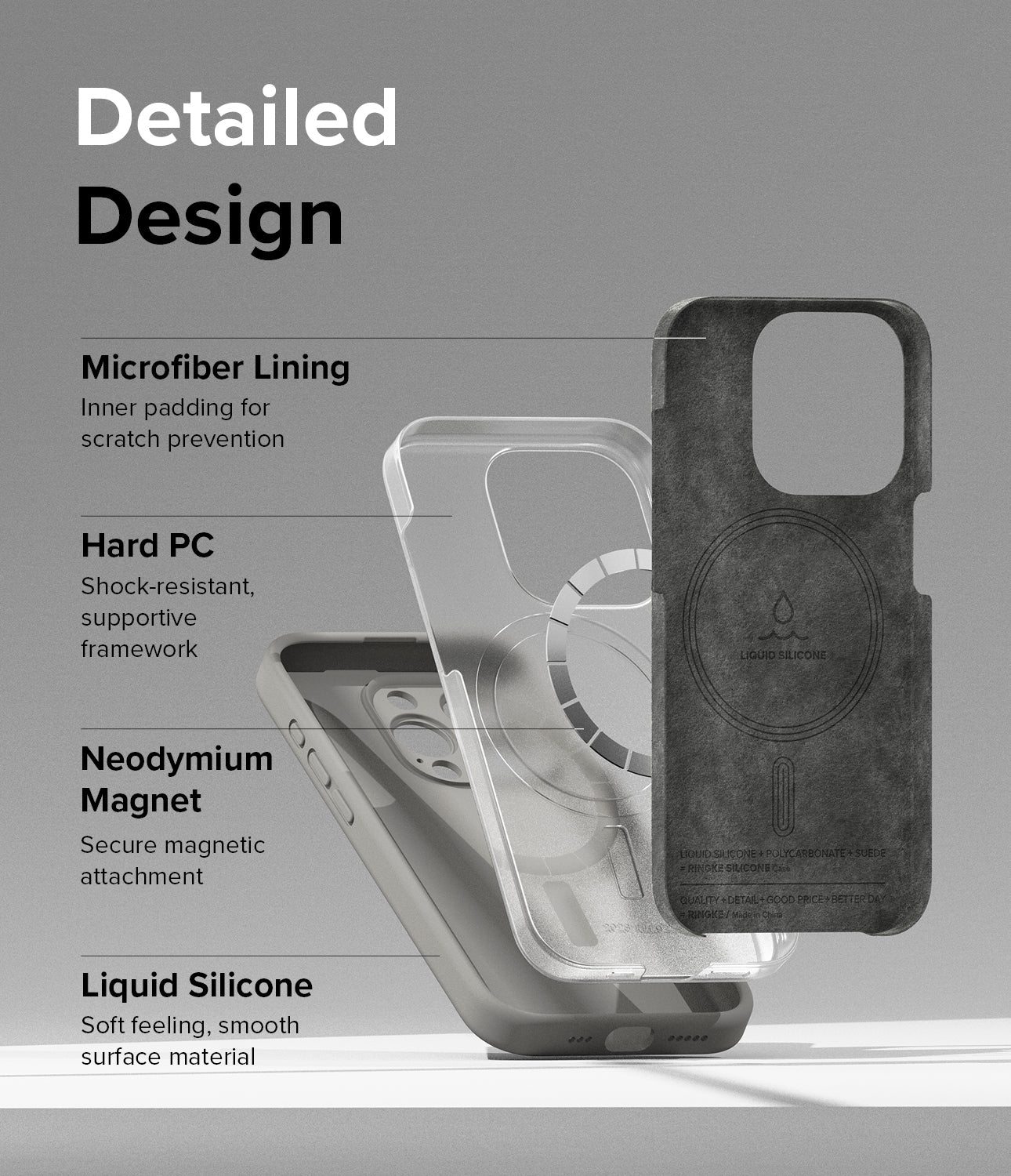 iPhone 15 Pro Case | Silicone Magnetic - Gray - Detailed Design. Innder padding for scratch prevention with Microfiber Lining. Shock-resistant, supportive framework with Hard PC. Secure magnetic attachment with Neodymium Magnet. Soft feeling, smooth surface Liquid Silicone.