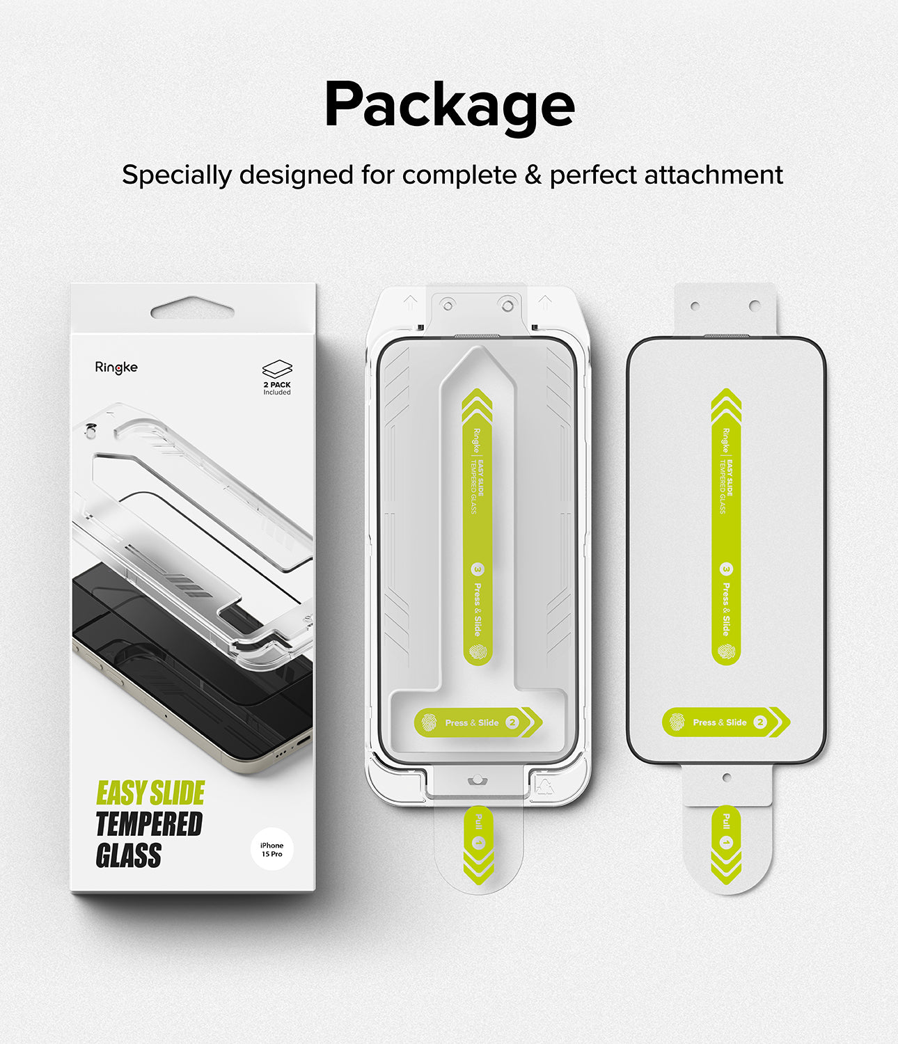iPhone 15 Pro Screen Protector | Easy Slide Tempered Glass - Package. Specially designed for complete and perfect attachment.