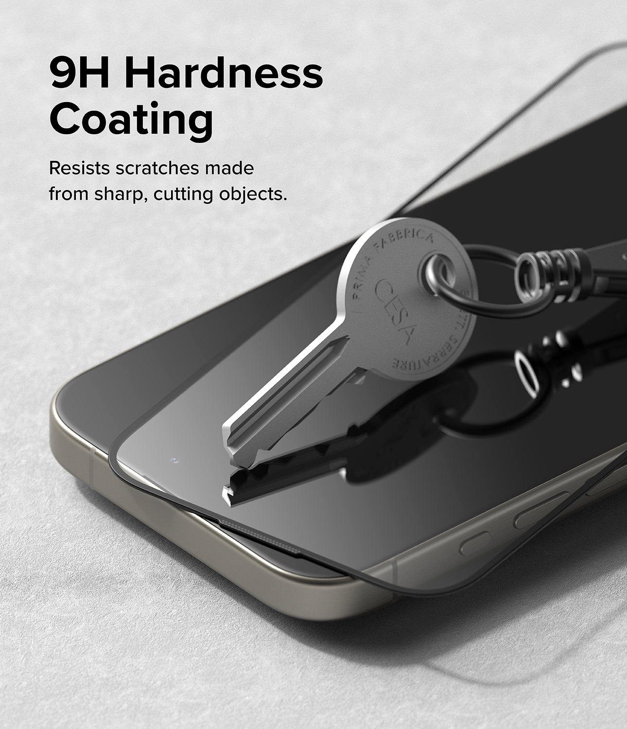 iPhone 15 Pro Screen Protector | Easy Slide Tempered Glass- 9H Hardness Coating. Resists scratches made from sharp, cutting objects.