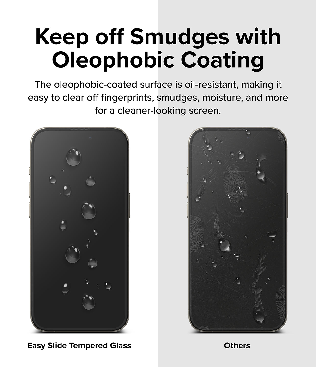 iPhone 15 Pro Screen Protector | Easy Slide Tempered Glass- Keep off Smudges with Oleophobic Coating. The oleophobic-coated surface is oil-resistant, making it easy to clear off fingerprints, smudges, moisture, and more for a cleaner-looking screen.