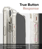 iPhone 15 Case | Air - Glitter Clear - True Button Response. The meticulously designed notch-cutout buttons provide a genuine button feel. Fine Aperture Line.